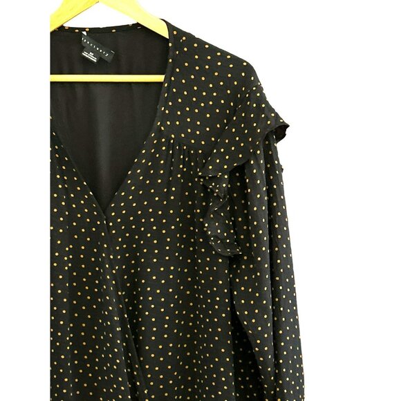 Sanctuary Black Gold Polka Dot V Neck Blouse Size 2X Ruffle Detail Snap Closure - Picture 2 of 6